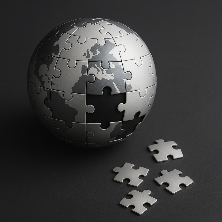 Shiny metallic globe partially formed with puzzle pieces.