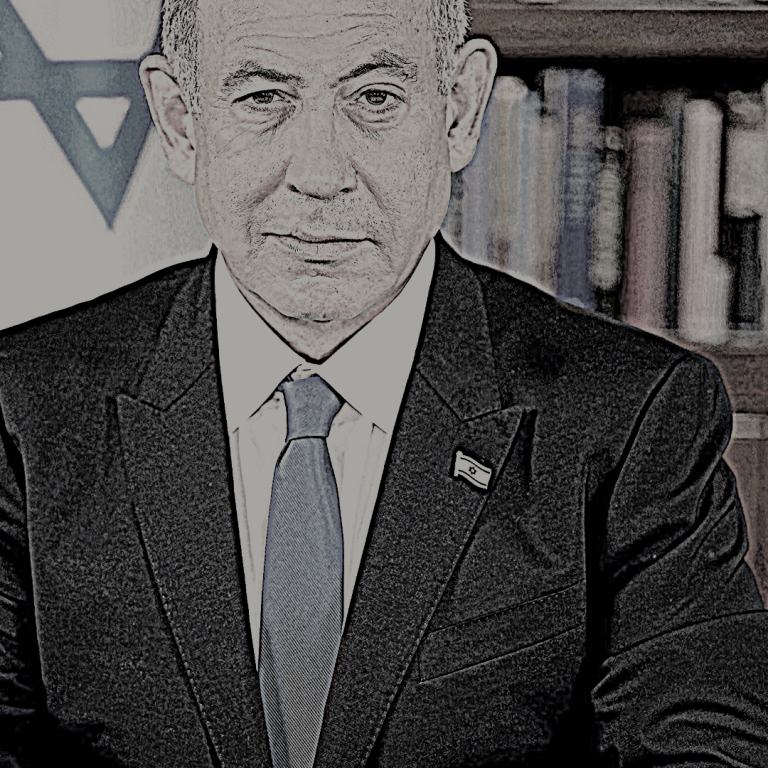 Portrait of Israeli PM Netanyahu in front of the Israeli flag