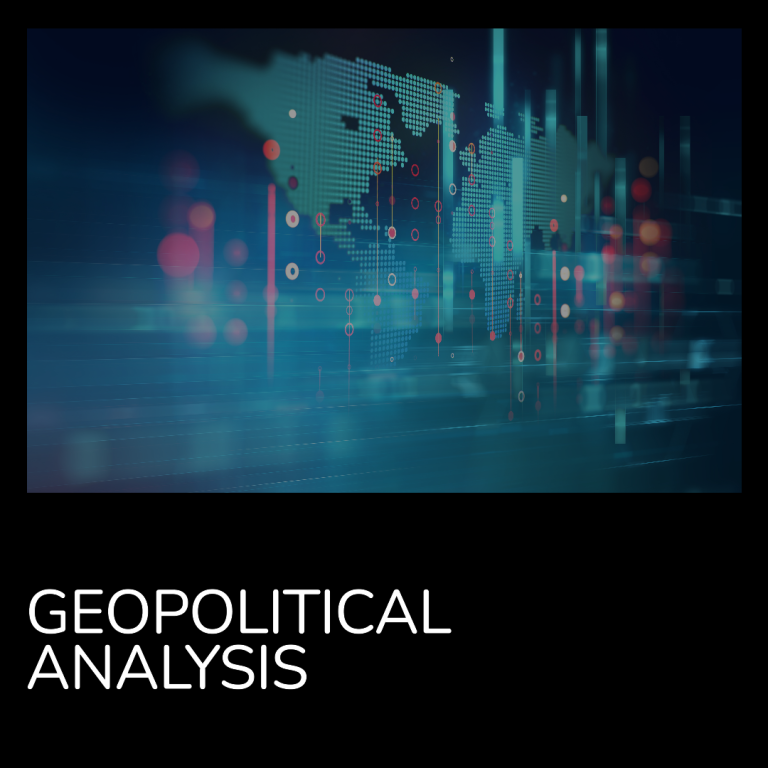 Abstract graphic featuring a world map with data visualisations and text "Geopolitical Analysis."