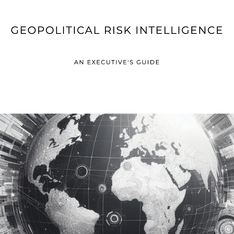 Cover of a guide on geopolitical risk intelligence with a global map design.