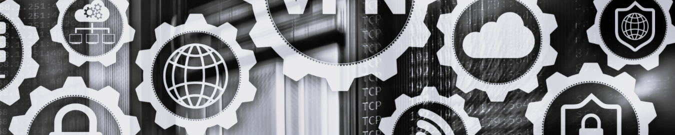 Black and white graphic featuring various icons within gears, symbolising technology and networking.