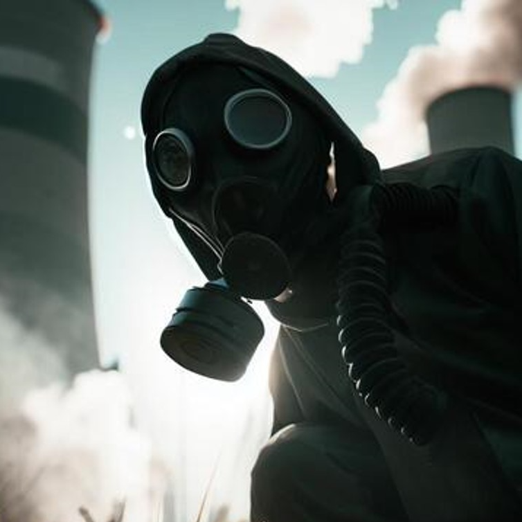 Person in a gas mask and black clothing near industrial smokestacks.