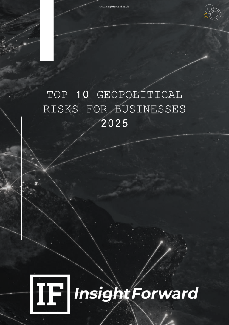 Cover page with "Top 10 Geopolitical Risks for Businesses 2025" and a graphic background.
