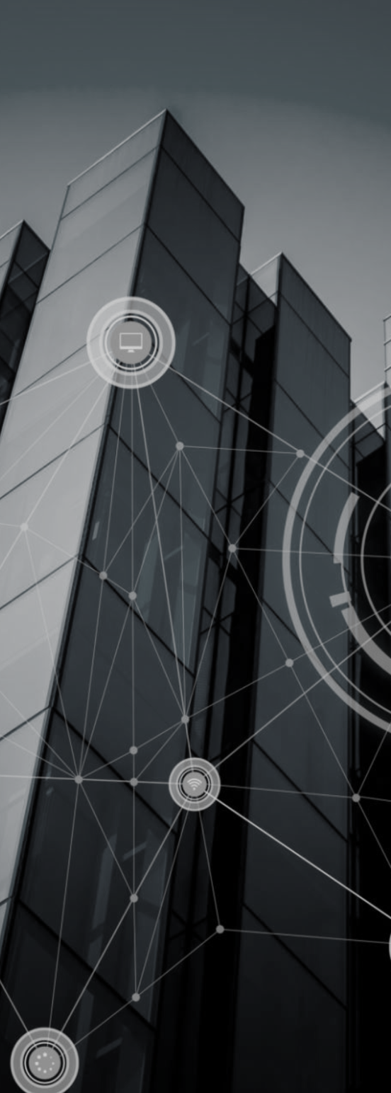 Modern skyscraper with geometric patterns and circular graphics overlay.