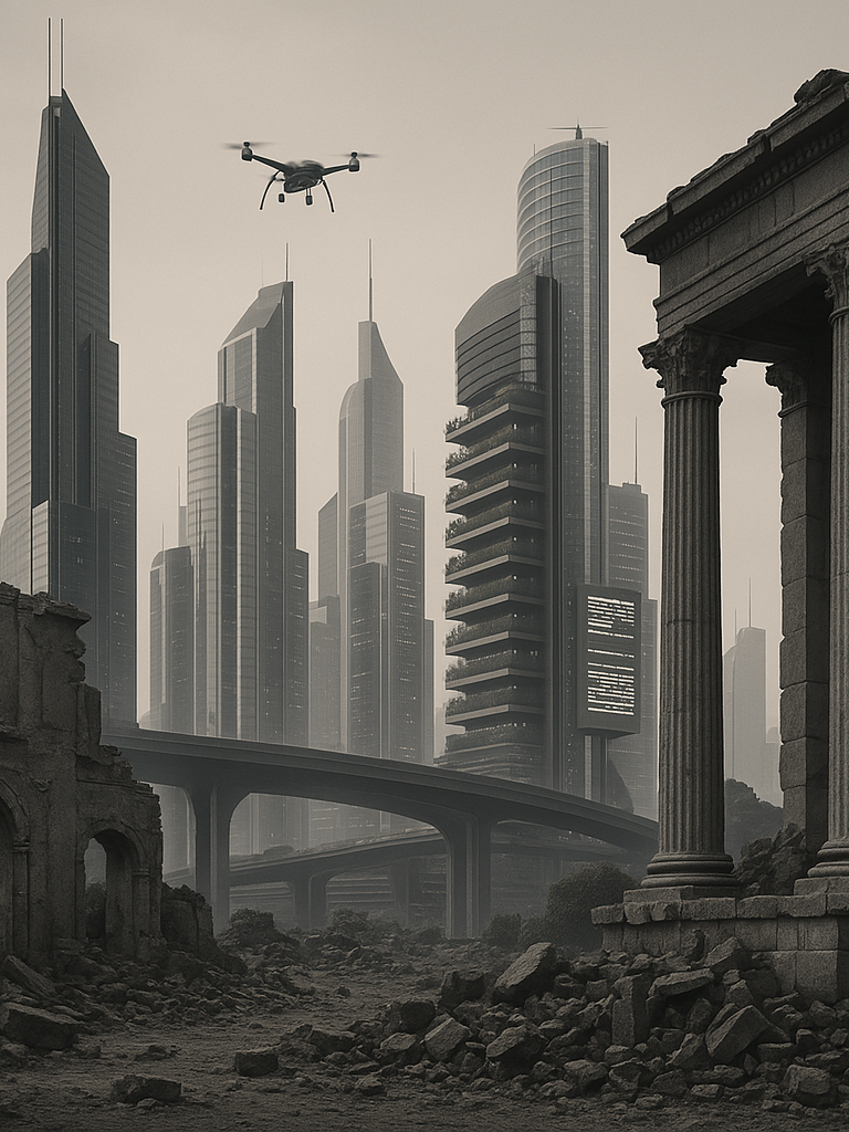 Drone flying over a post-apocalyptic cityscape with towering skyscrapers and ruins.
