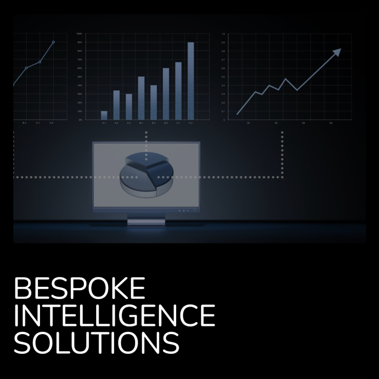 Graphical data representation with a central focus on a device and "Bespoke Intelligence Solutions."