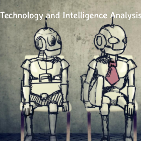 Two stylised robots sitting on chairs, one wearing a red tie, against a textured wall.
