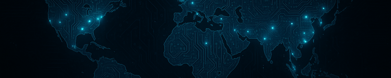 World map highlighting various locations with glowing blue points.
