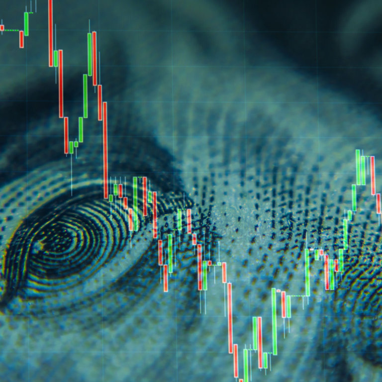 Close-up of a dollar bill with financial graphs and stock market trends overlay.