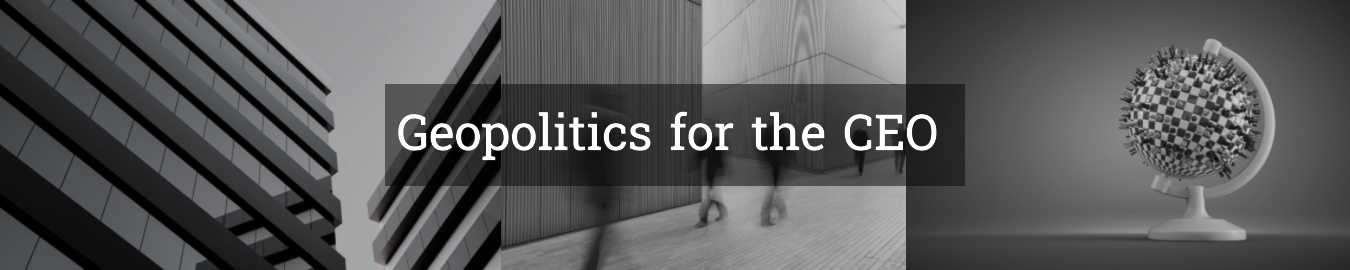 Text overlay: "Geopolitics for the CEO" with abstract black and white patterns in the background.