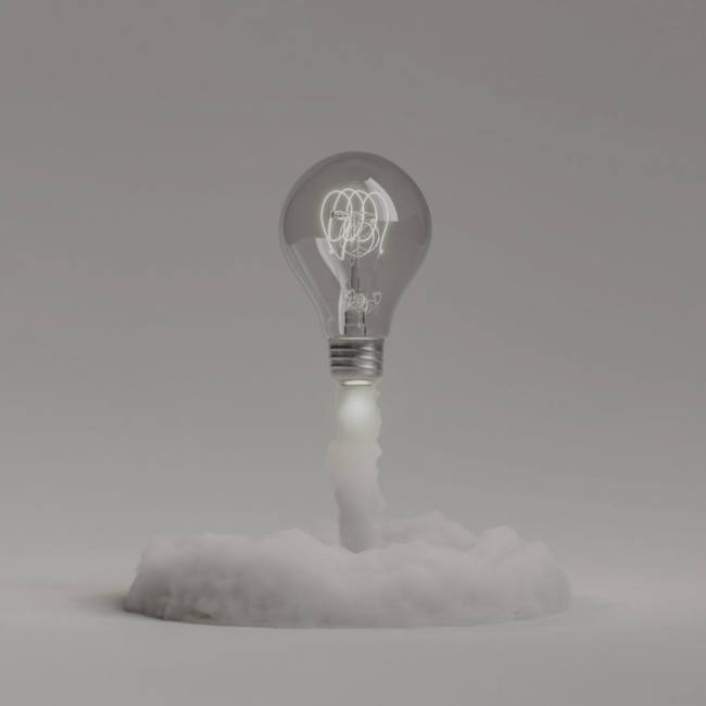Light bulb emitting light, positioned above a fluffy white cloud.