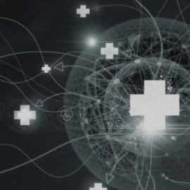 Abstract representation of a network with glowing medical crosses on a dark background.