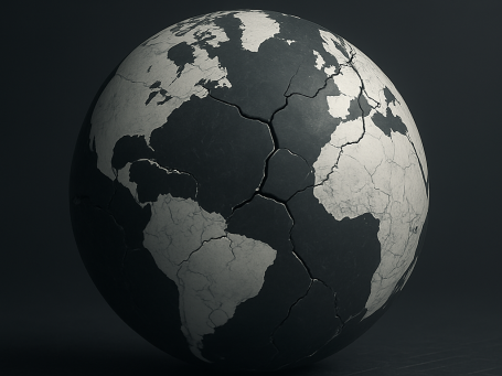 Cracked globe depicting a stylised map of the world with cracked surface