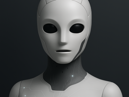 A humanoid robot with a smooth white surface and dark, oval eyes.