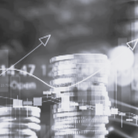 Coins with upward trend arrows and financial data overlay.