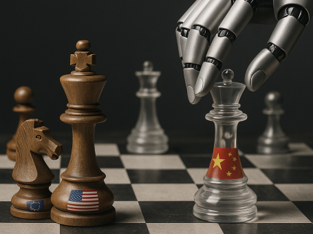 A robotic hand moves a glass chess piece marked with the Chinese flag on a chessboard.