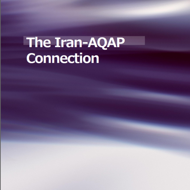 Title text: "The Iran-AQAP Connection" on a soft abstract background.