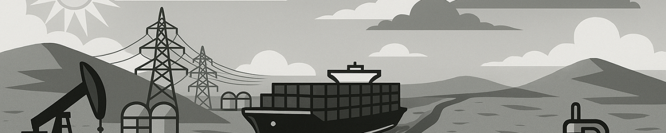 Black and white landscape featuring mountains, a river, a boat, and trees.